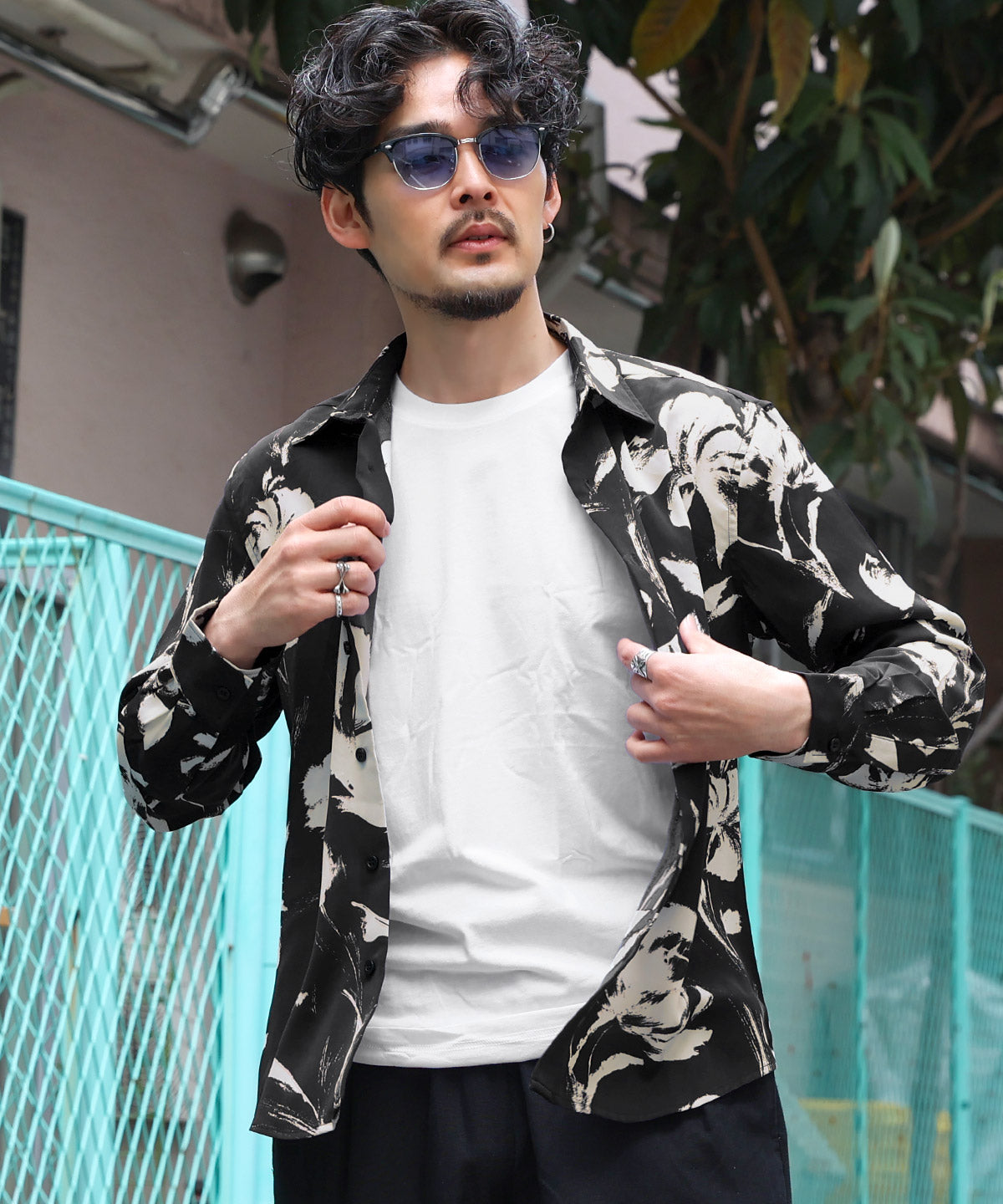 ラグスタイル LUXSTYLE 総柄長袖シャツ/総柄 ストライプ フラワー 花柄 プリント レギュラーカラー ドレープ キレイめ とろみ感 おしゃれ （5） 5