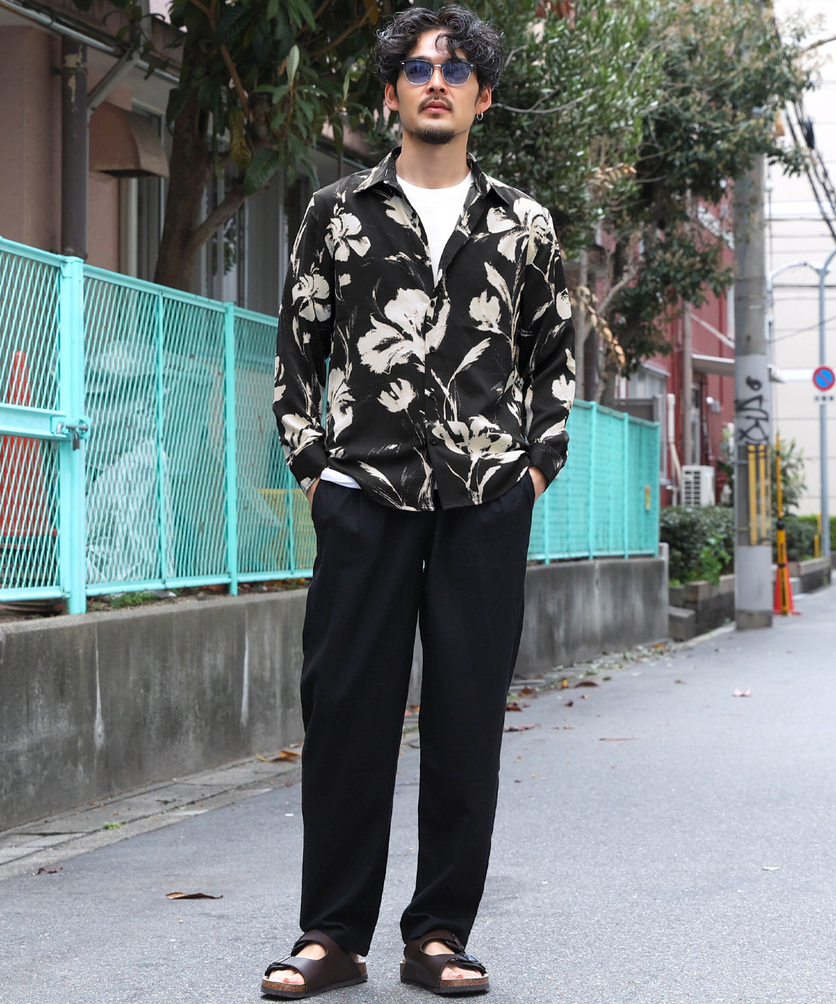 ラグスタイル LUXSTYLE 総柄長袖シャツ/総柄 ストライプ フラワー 花柄 プリント レギュラーカラー ドレープ キレイめ とろみ感 おしゃれ （5） 5