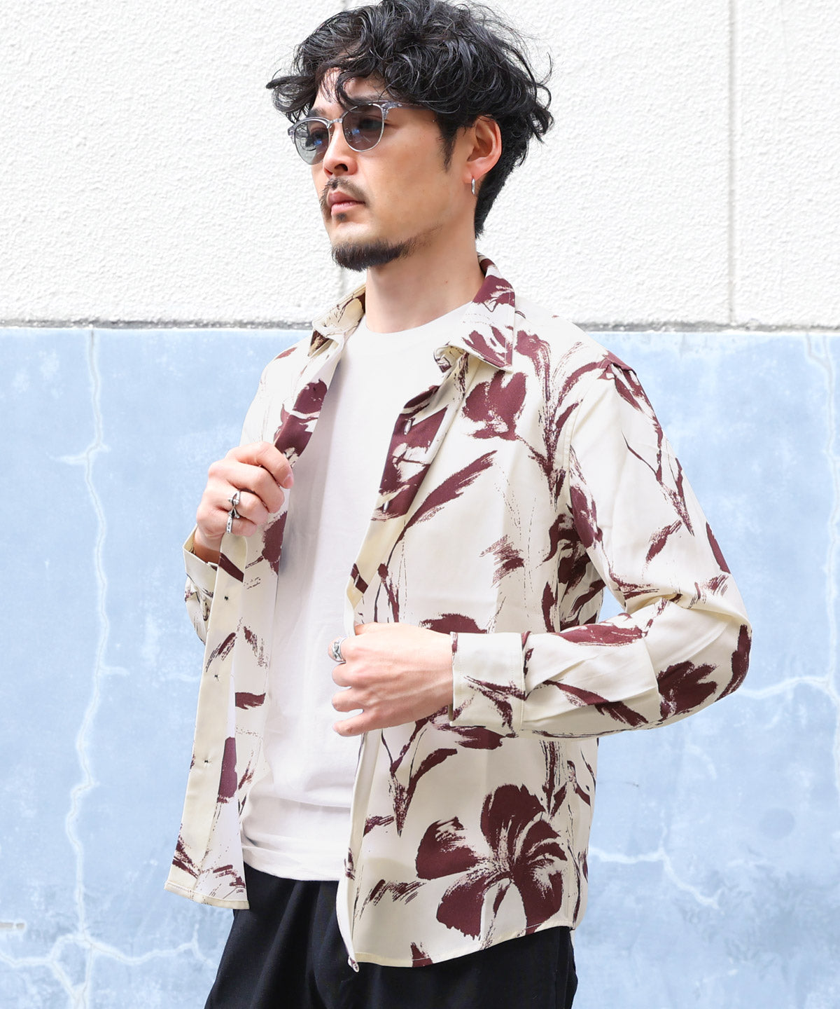 ラグスタイル LUXSTYLE 総柄長袖シャツ/総柄 ストライプ フラワー 花柄 プリント レギュラーカラー ドレープ キレイめ とろみ感 おしゃれ （5） 5