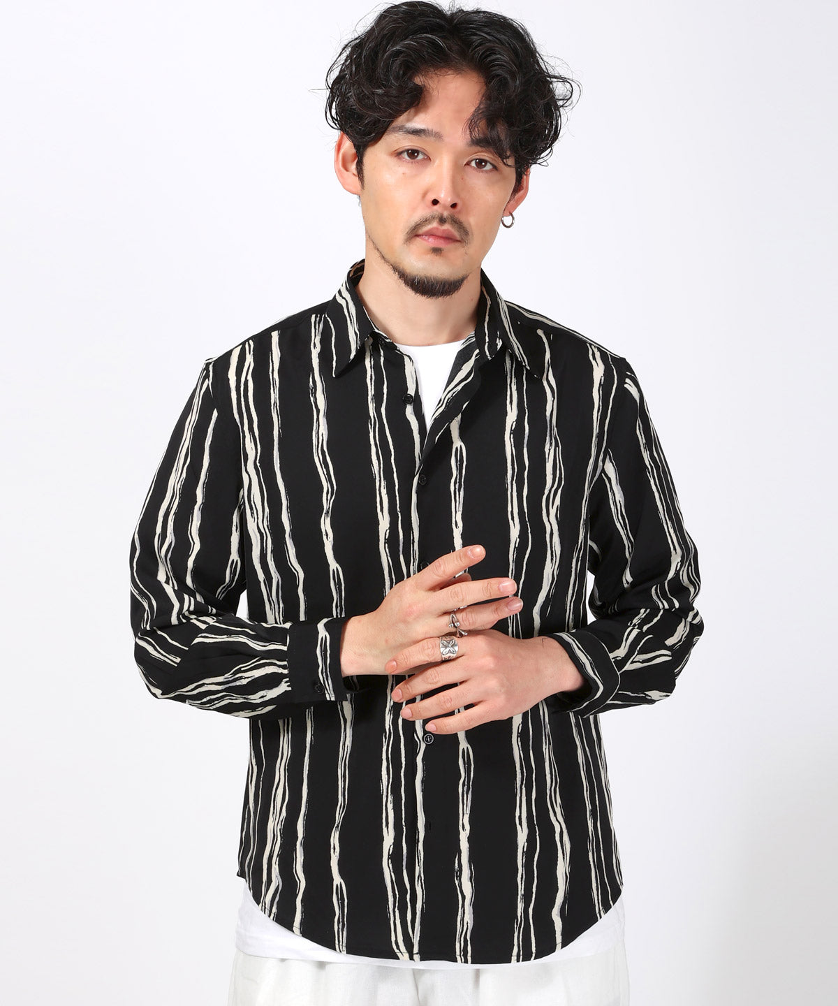 ラグスタイル LUXSTYLE 総柄長袖シャツ/総柄 ストライプ フラワー 花柄 プリント レギュラーカラー ドレープ キレイめ とろみ感 おしゃれ （5） 5