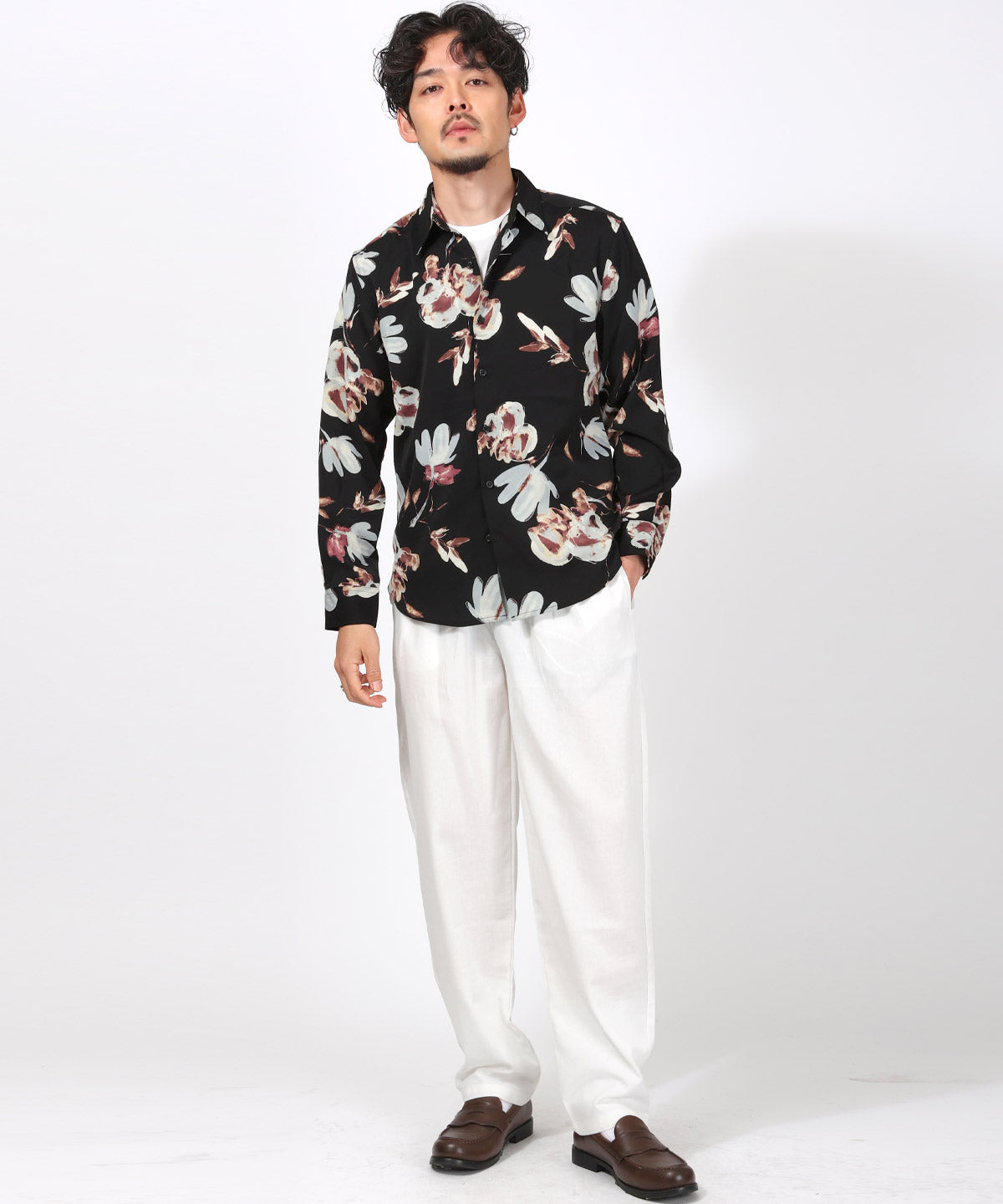 ラグスタイル LUXSTYLE 総柄長袖シャツ/総柄 ストライプ フラワー 花柄 プリント レギュラーカラー ドレープ キレイめ とろみ感 おしゃれ （5） 5
