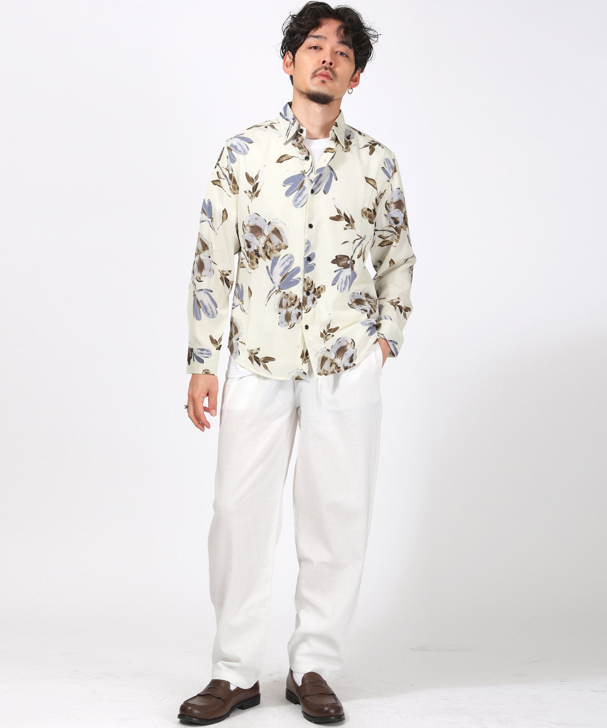ラグスタイル LUXSTYLE 総柄長袖シャツ/総柄 ストライプ フラワー 花柄 プリント レギュラーカラー ドレープ キレイめ とろみ感 おしゃれ （5） 5