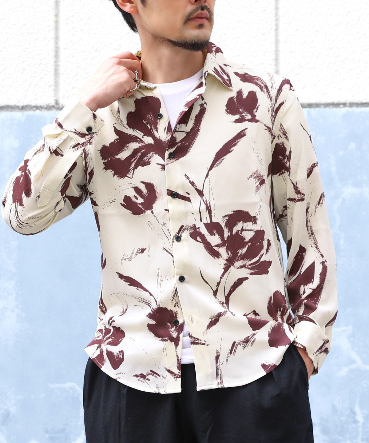 ラグスタイル LUXSTYLE 総柄長袖シャツ/総柄 ストライプ フラワー 花柄 プリント レギュラーカラー ドレープ キレイめ とろみ感 おしゃれ （6） 6