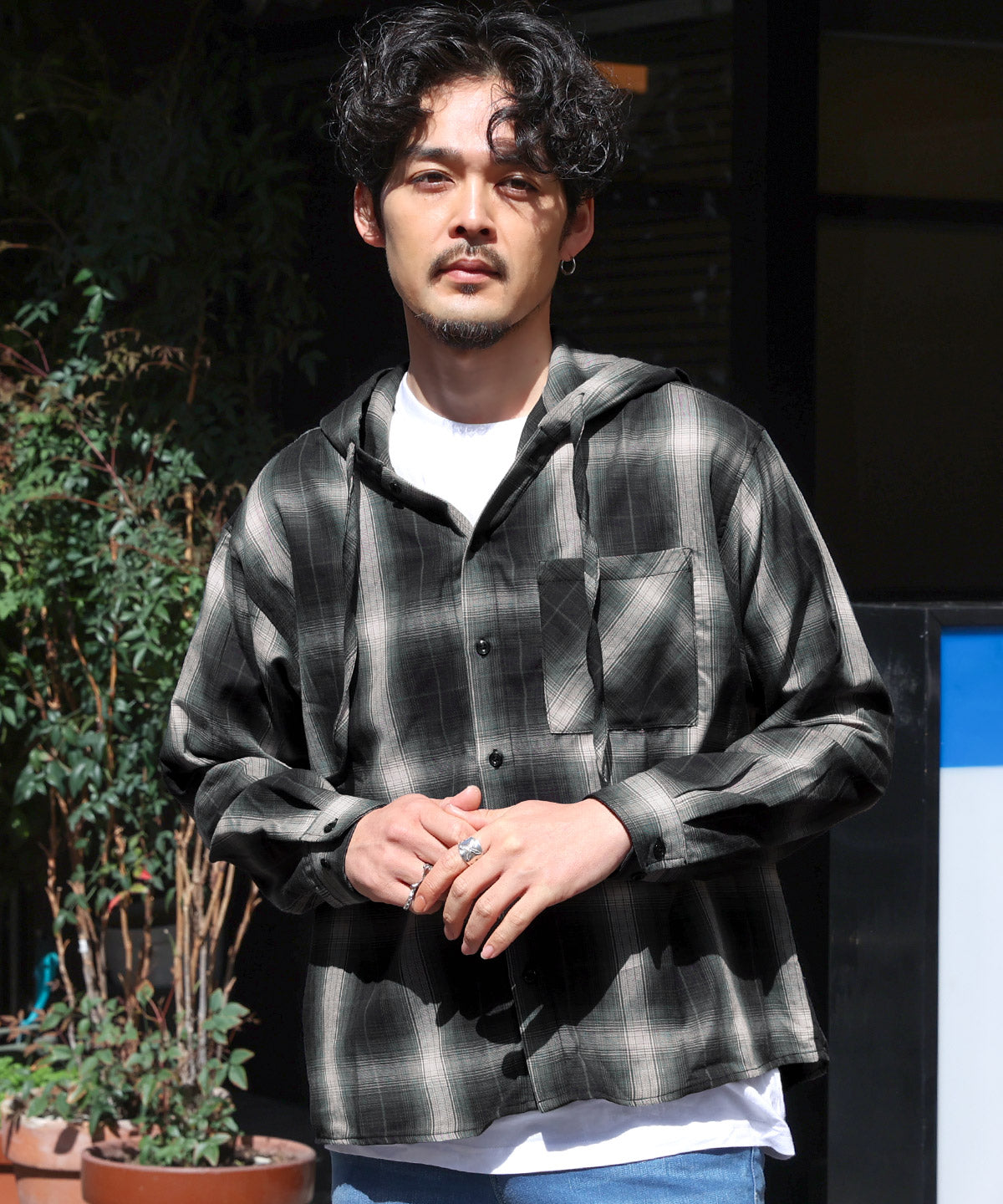ラグスタイル LUXSTYLE 先染め長袖フード付きシャツ/チェックシャツ ストライプシャツ 総柄 羽織り カジュアル おしゃれ （チェック） チェック