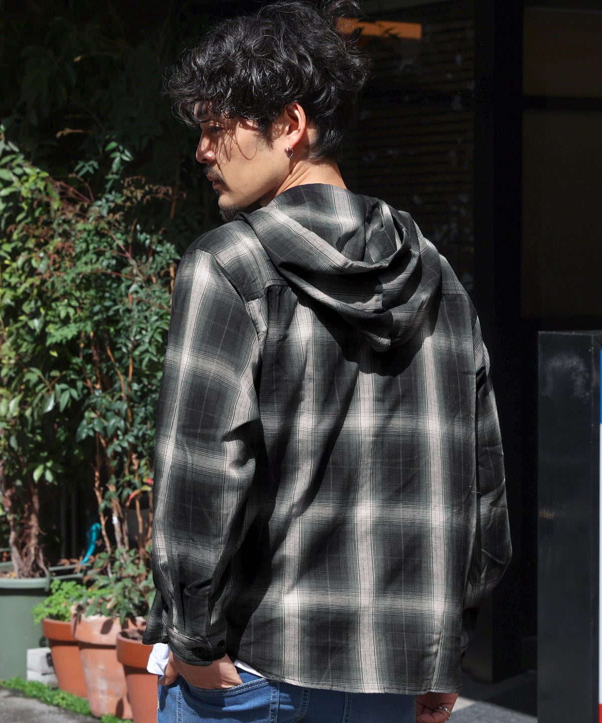 ラグスタイル LUXSTYLE 先染め長袖フード付きシャツ/チェックシャツ ストライプシャツ 総柄 羽織り カジュアル おしゃれ （チェック） チェック