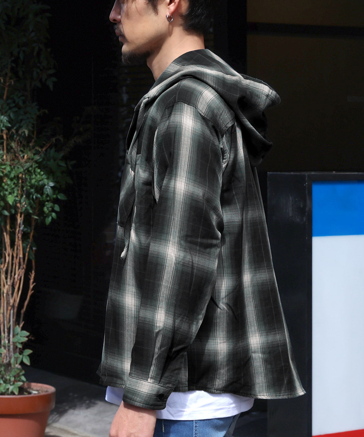 ラグスタイル LUXSTYLE 先染め長袖フード付きシャツ/チェックシャツ ストライプシャツ 総柄 羽織り カジュアル おしゃれ （チェック） チェック