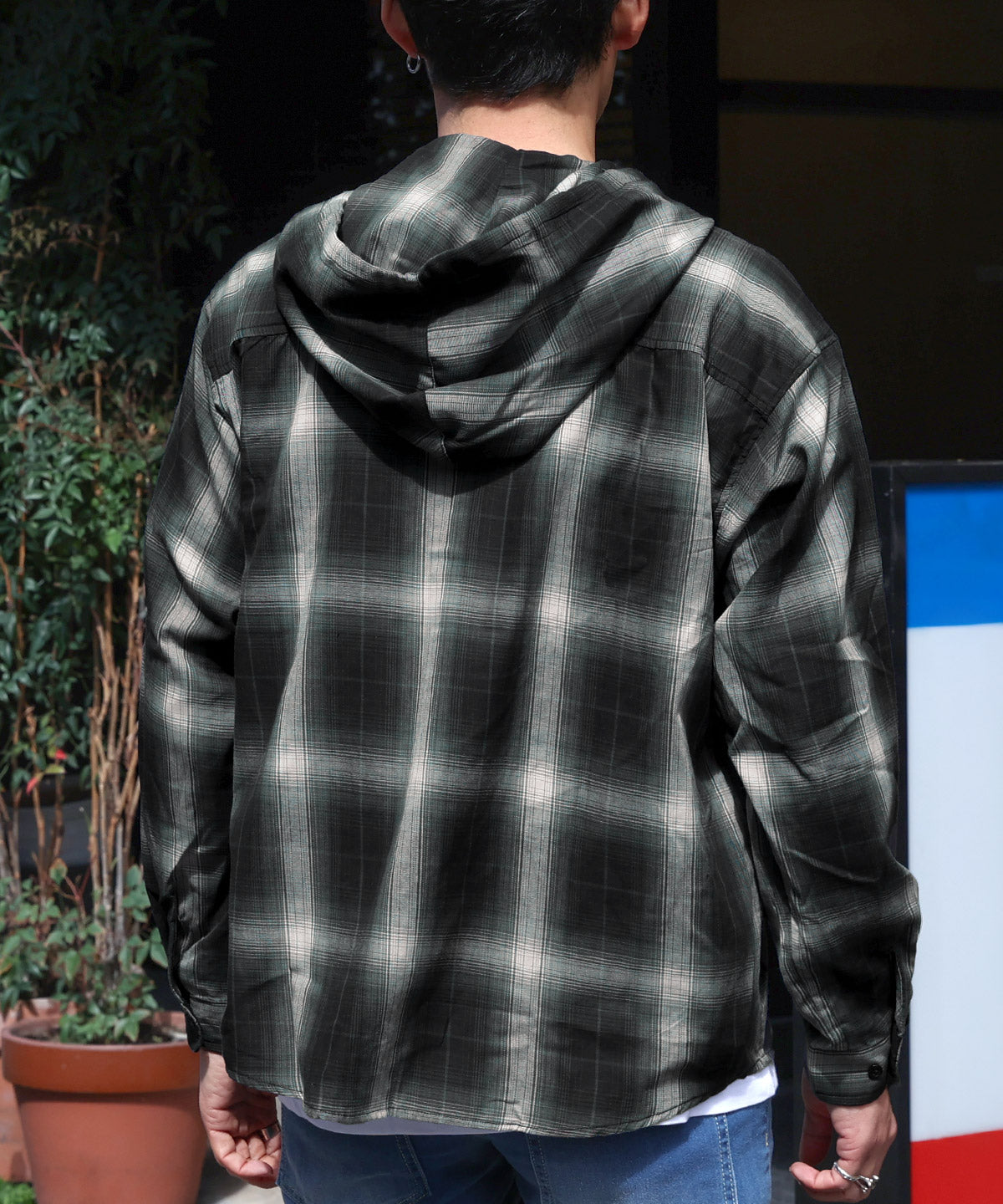 ラグスタイル LUXSTYLE 先染め長袖フード付きシャツ/チェックシャツ ストライプシャツ 総柄 羽織り カジュアル おしゃれ （チェック） チェック