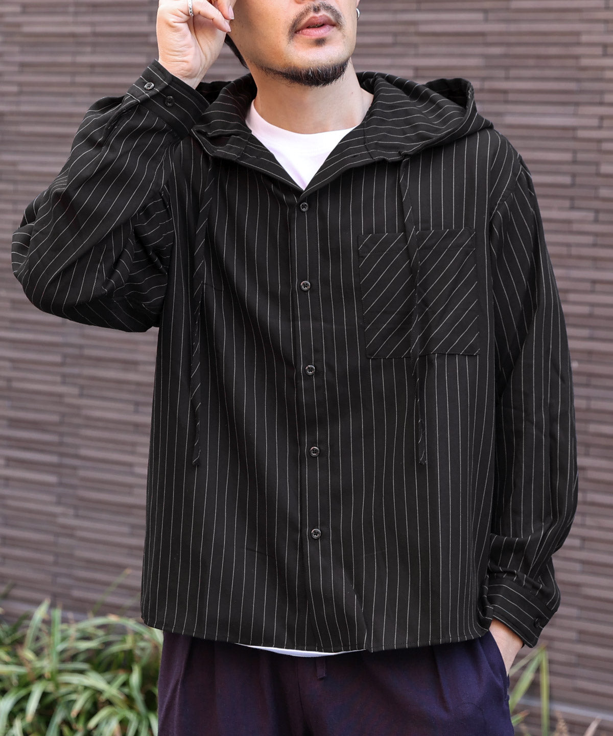 ラグスタイル LUXSTYLE 先染め長袖フード付きシャツ/チェックシャツ ストライプシャツ 総柄 羽織り カジュアル おしゃれ （ストライプ） ストライプ