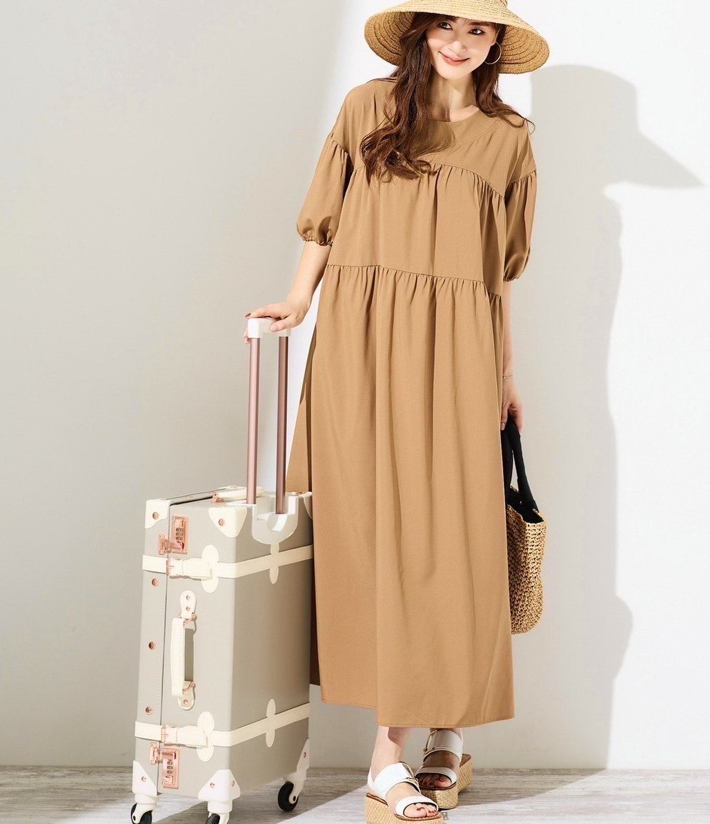 ルルコンフィー lulucomfy ≪原志保≫【UV/接触冷感/吸汗速乾/洗える】動くたびにふわっと揺れる、ボリュームたっぷり切替ギャザーワンピース (ベージュ/M-LL) ベージュ