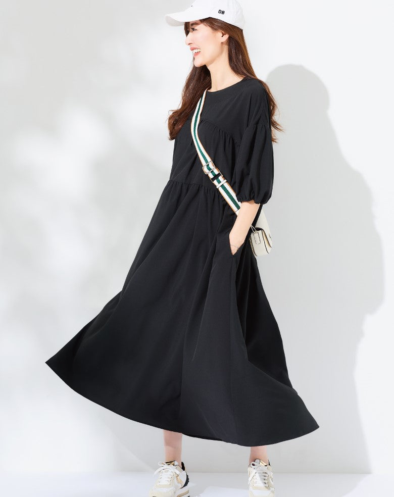 ルルコンフィー lulucomfy ≪原志保≫【UV/接触冷感/吸汗速乾/洗える】動くたびにふわっと揺れる、ボリュームたっぷり切替ギャザーワンピース (ブラック/M-LL) ブラック