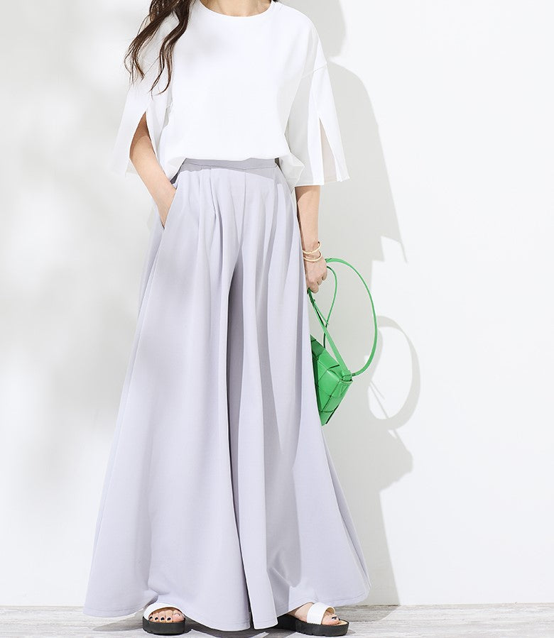 ルルコンフィー lulucomfy ≪原志保≫【UV/接触冷感/イージーケア/洗える】スッキリシルエット、ふんわり軽やかワイドパンツ (ブルーグレー) グレー
