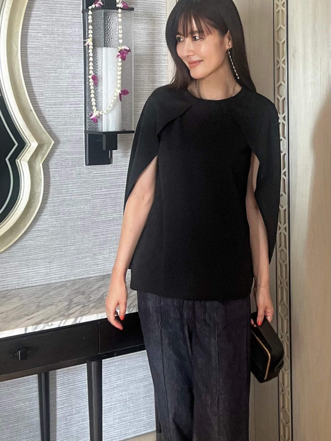 ルルコンフィー lulucomfy ≪原志保≫【UV/接触冷感/イージーケア/洗える】着心地、体型カバーを叶えるケープマントプルオーバー (黒) ブラック