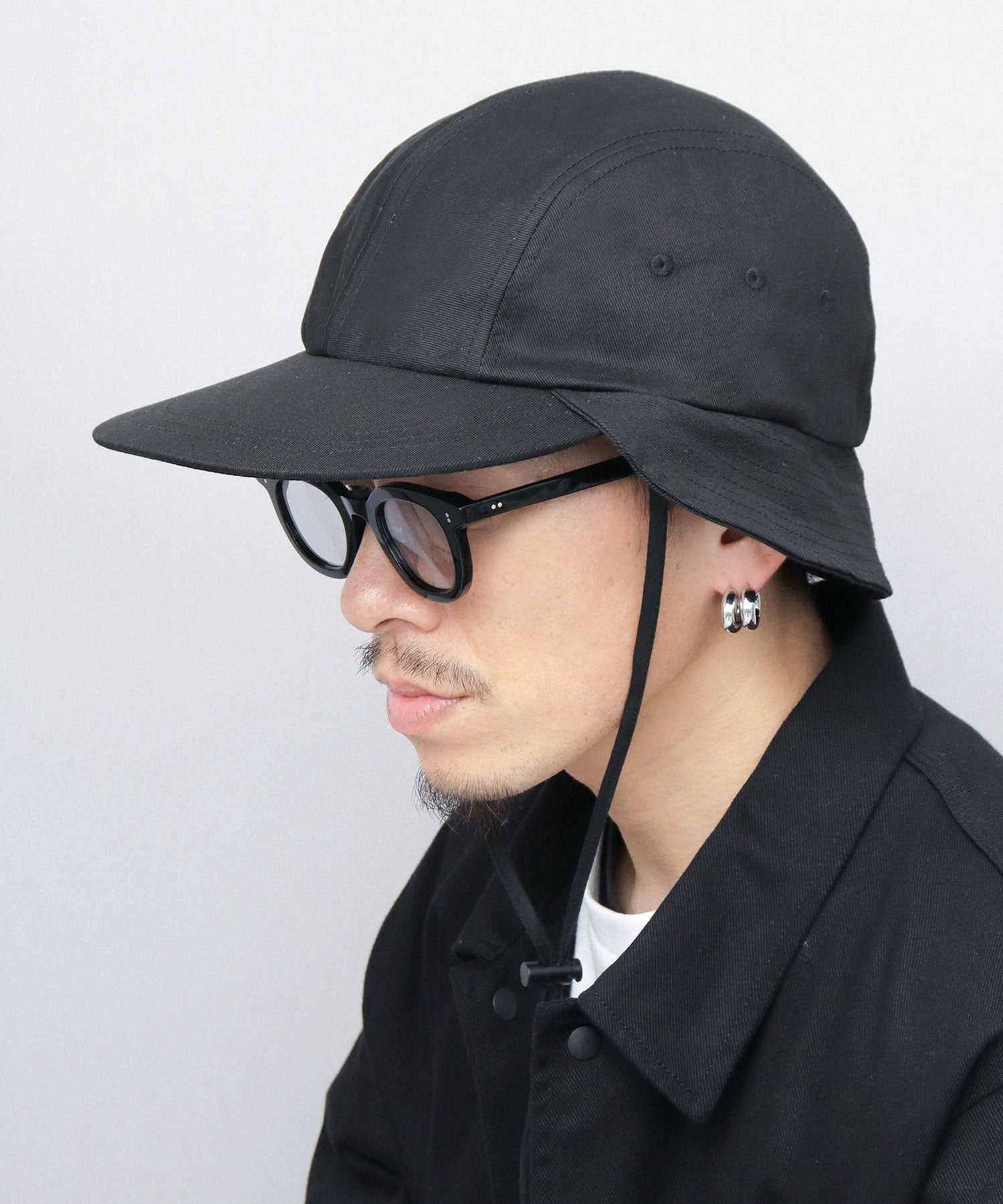 ミスターカバー Mr.COVER キャップ 帽子 サンシェード付き つば長め あご紐 2way ロングビル ハンターキャップ 無地,ブラック