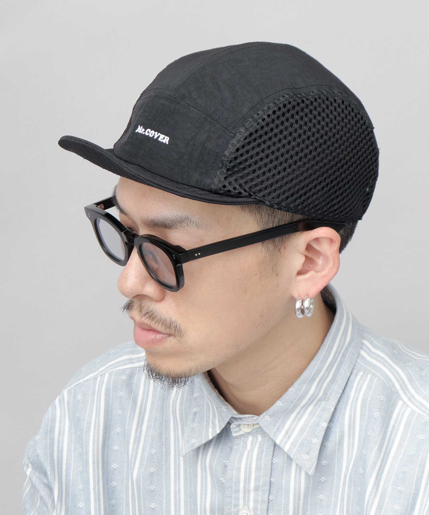 ミスターカバー Mr.COVER ムラ染風 撥水ナイロン メッシュ切替 ジェット アンパイアキャップ 接触冷感スベリ使用 （ブラック） ブラック