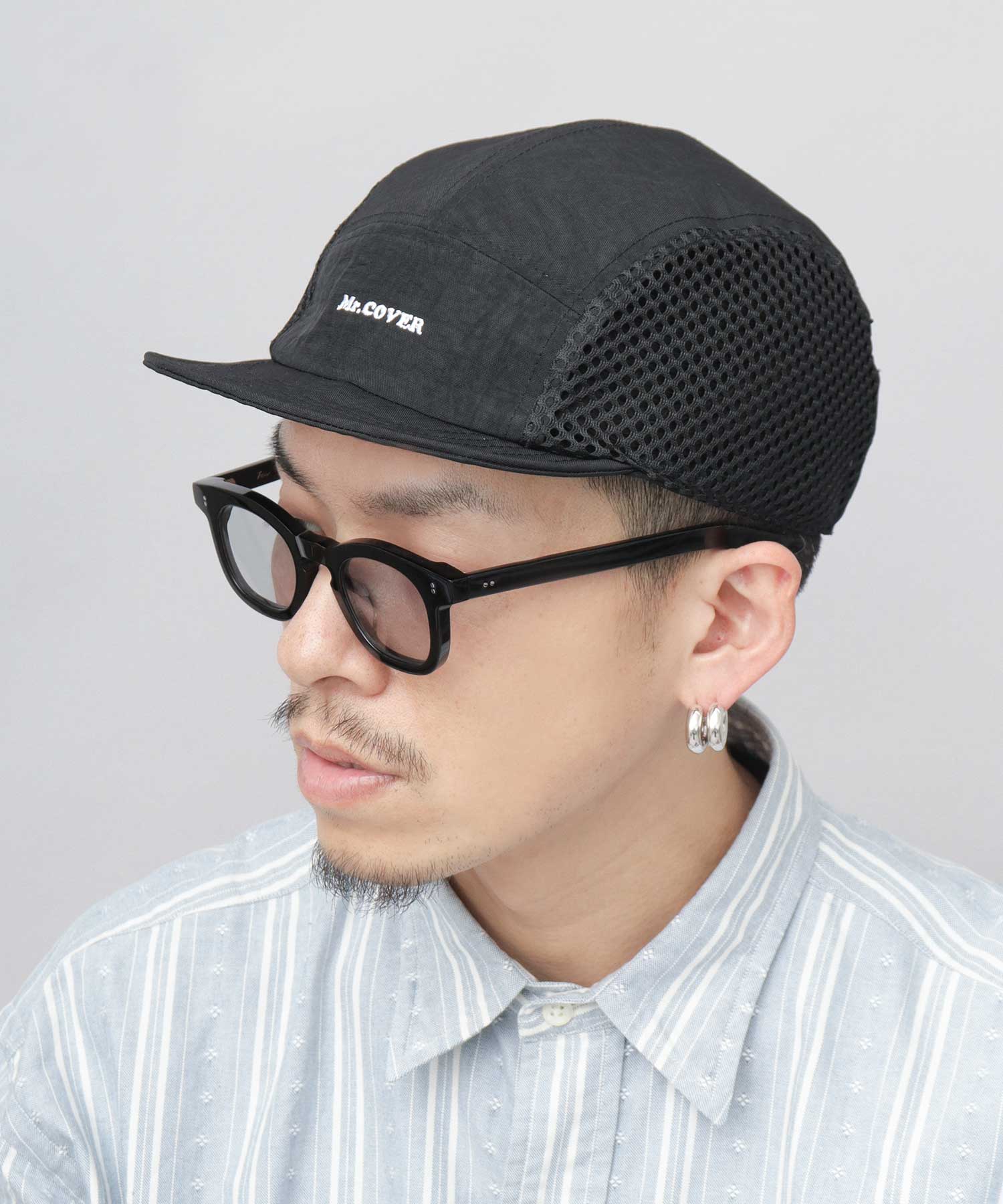 ミスターカバー Mr.COVER ムラ染風 撥水ナイロン メッシュ切替 ジェット アンパイアキャップ 接触冷感スベリ使用 （ブラック） ブラック