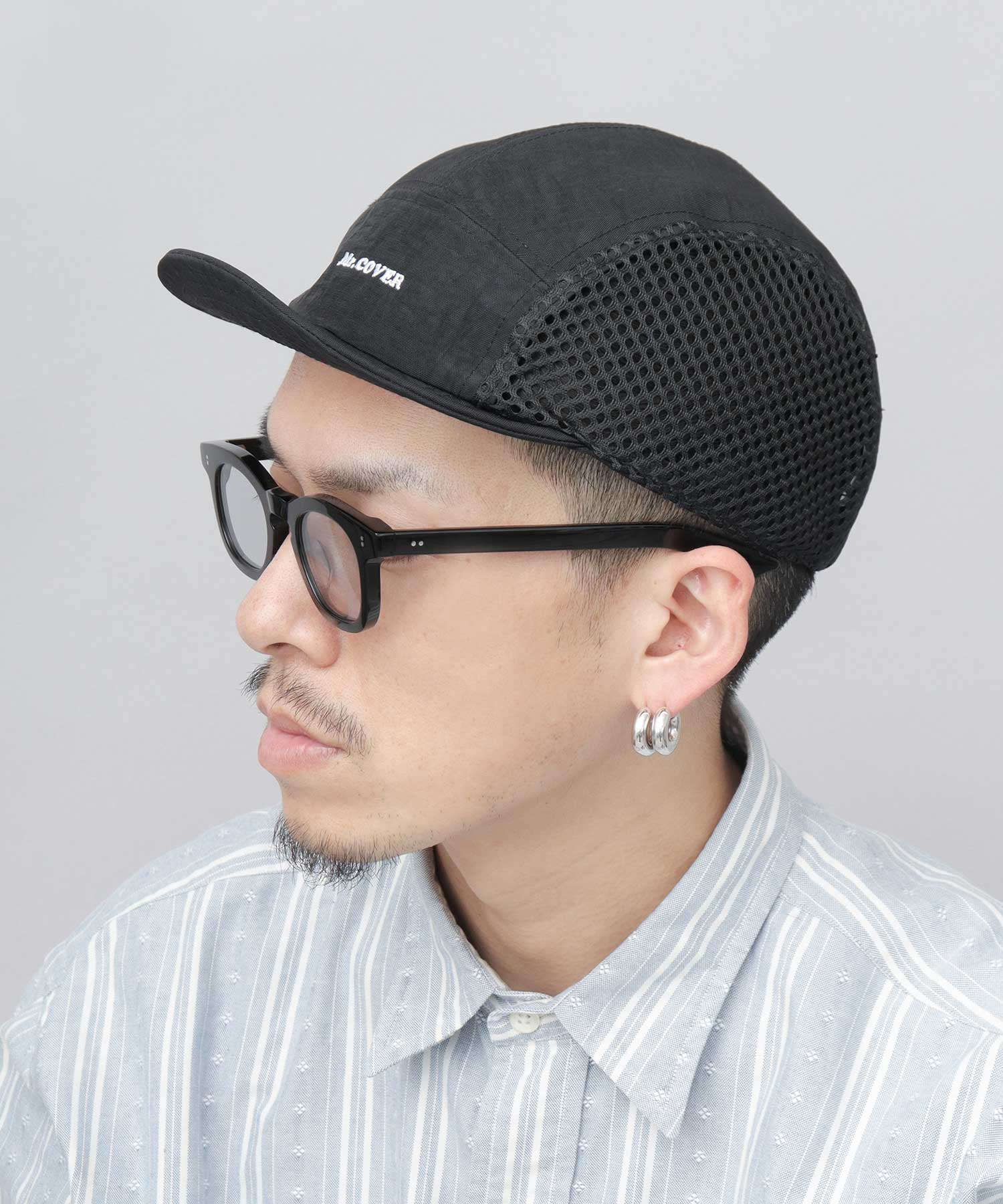 ミスターカバー Mr.COVER ムラ染風 撥水ナイロン メッシュ切替 ジェット アンパイアキャップ 接触冷感スベリ使用 （ブラック） ブラック