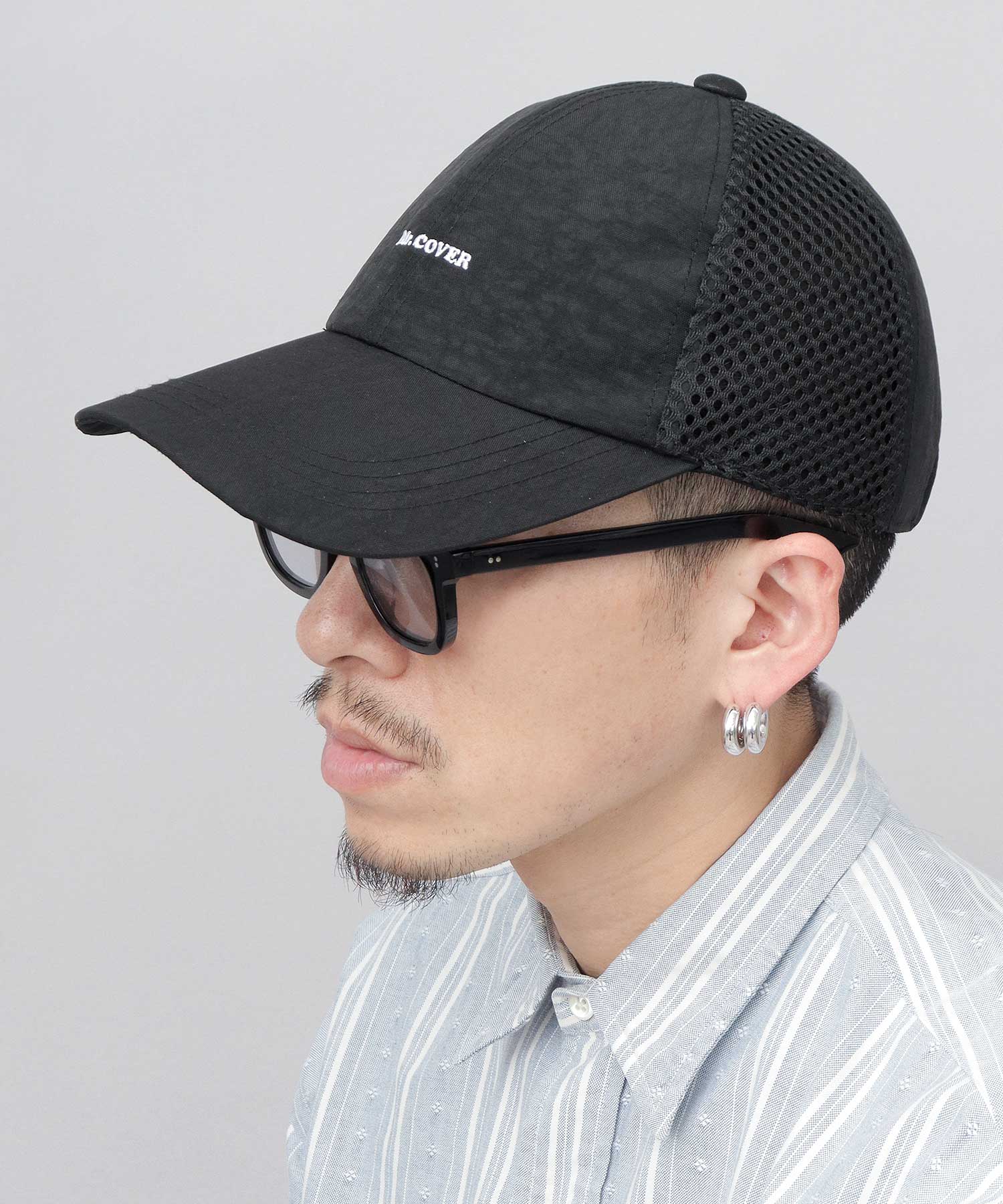 ミスターカバー Mr.COVER ムラ染風 撥水ナイロン メッシュ切替 ロングビルキャップ つば長 深め 接触冷感スベリ使用 （ブラック） ブラック