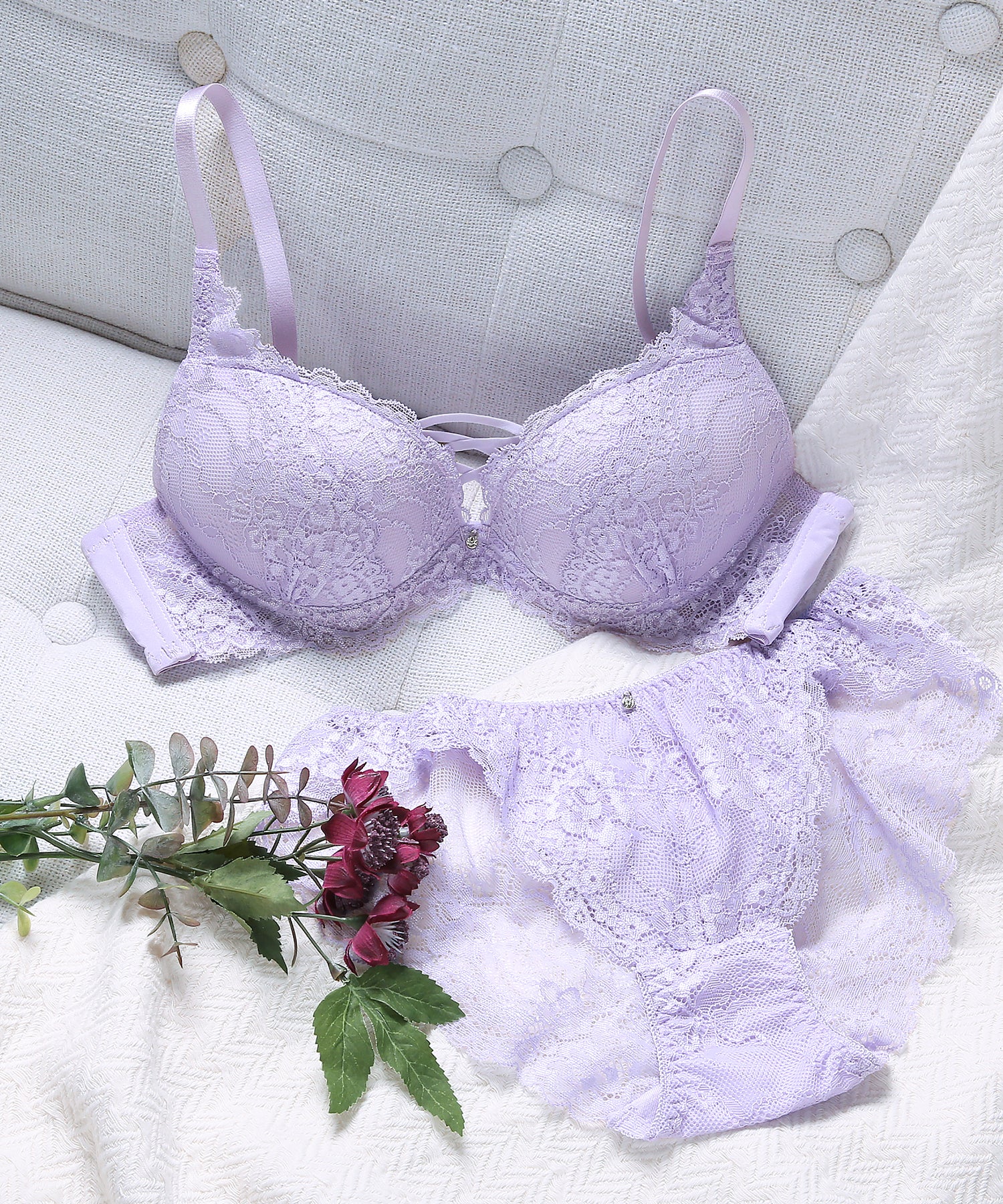 モンシェルピジョン Mon cher pigeon* A～Fカップ【2点セット】ナチュールブーケ ブラジャー ショーツ セット レースアップ 総レース 大きいサイズ【返品不可商品】 （ラベンダー） ラベンダー