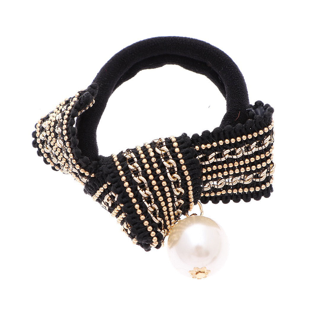 マ　シェール　コゼット ma chere cosette パール付き刺繍入りリボンヘアゴム（ブラック） ブラック