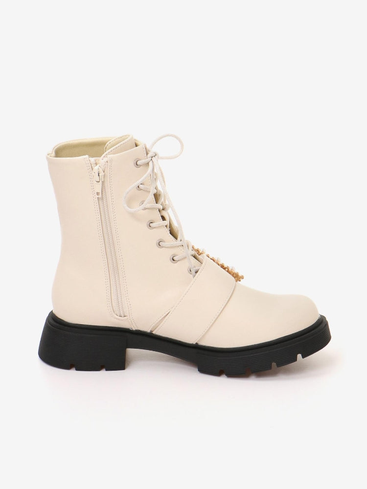 マジェスティックレゴン MAJESTIC LEGON パールバックルレースアップブーツ （ホワイト） ホワイト