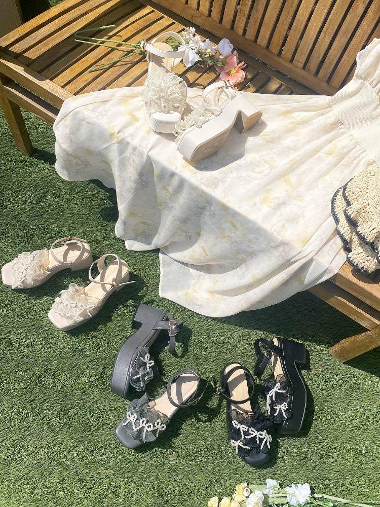 マジェスティックレゴン MAJESTIC LEGON パールリボンフリルボリュームサンダル （ブラック） ブラック