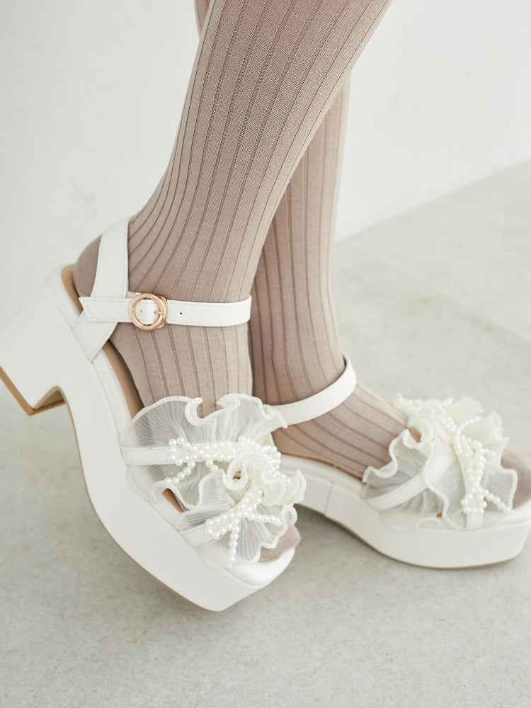 マジェスティックレゴン MAJESTIC LEGON パールリボンフリルボリュームサンダル （ブラック） ブラック