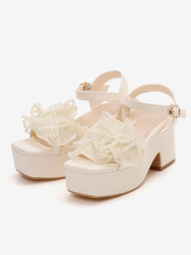 マジェスティックレゴン MAJESTIC LEGON パールリボンフリルボリュームサンダル （ブラック） ブラック