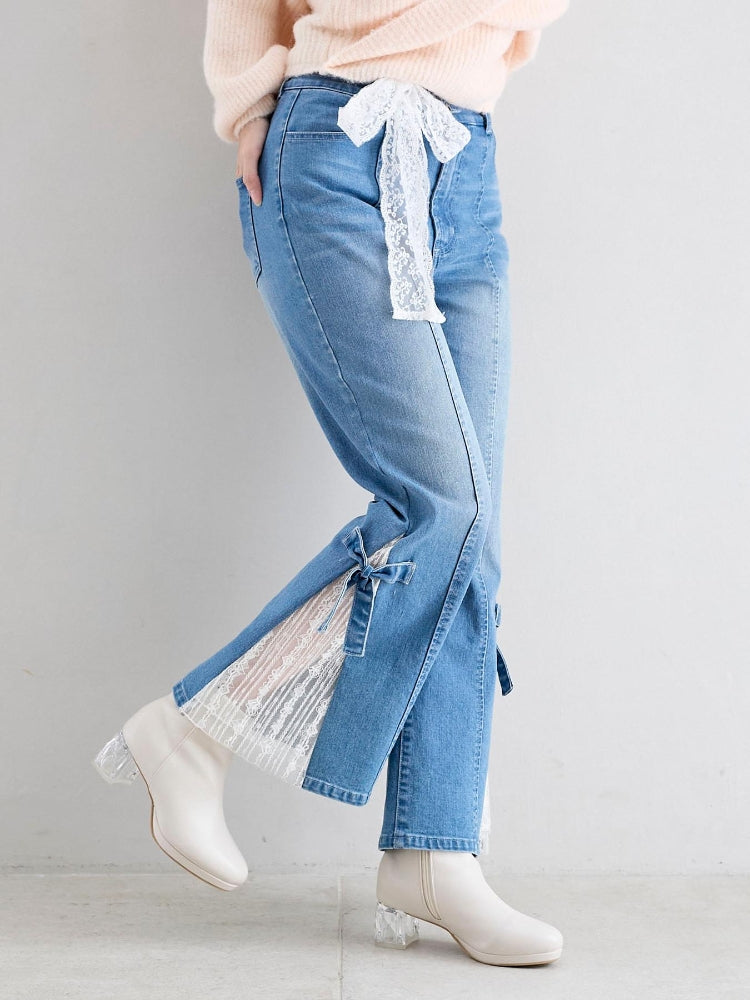 マジェスティックレゴン MAJESTIC LEGON レースベルトセット裾リボンデニム （ブルー） ブルー