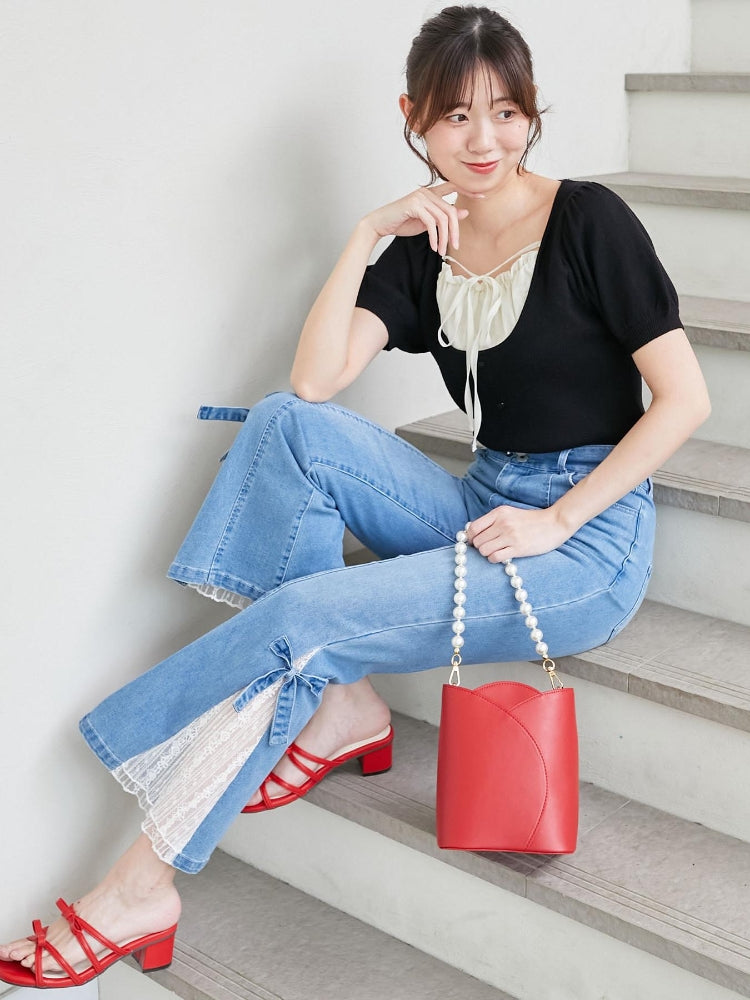 マジェスティックレゴン MAJESTIC LEGON レースベルトセット裾リボンデニム （ブルー） ブルー