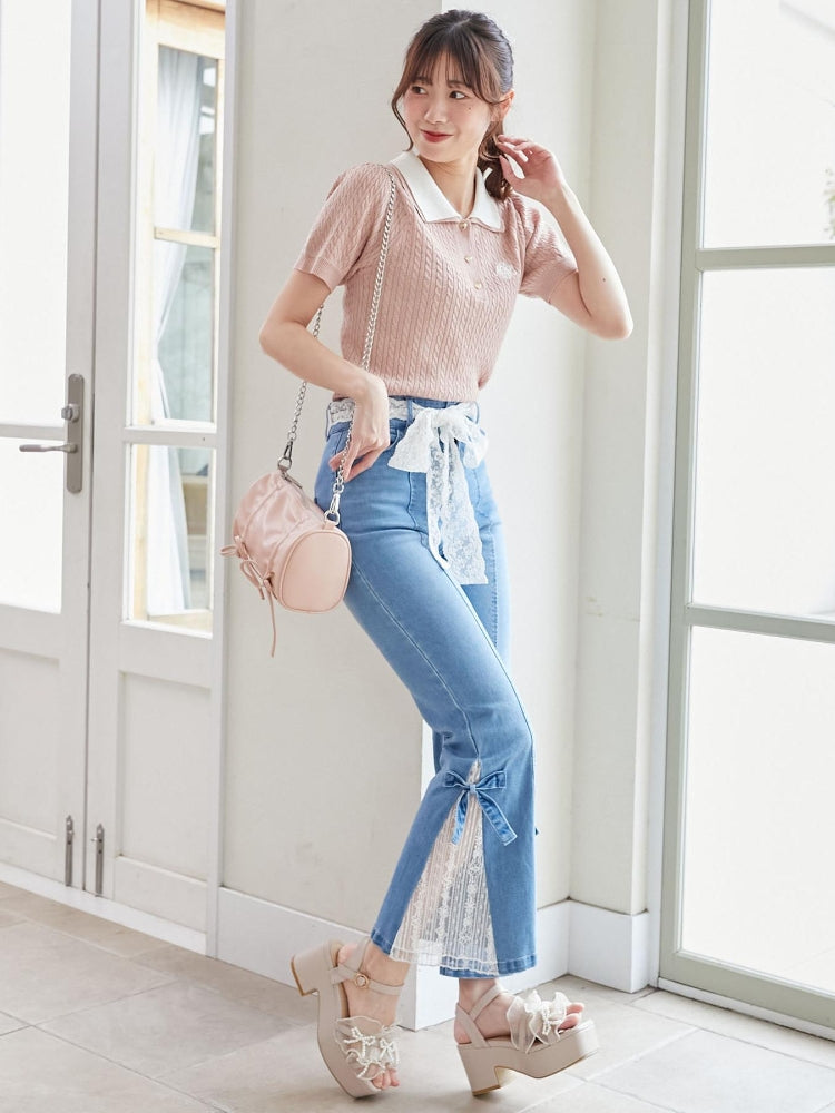 マジェスティックレゴン MAJESTIC LEGON レースベルトセット裾リボンデニム （ブルー） ブルー