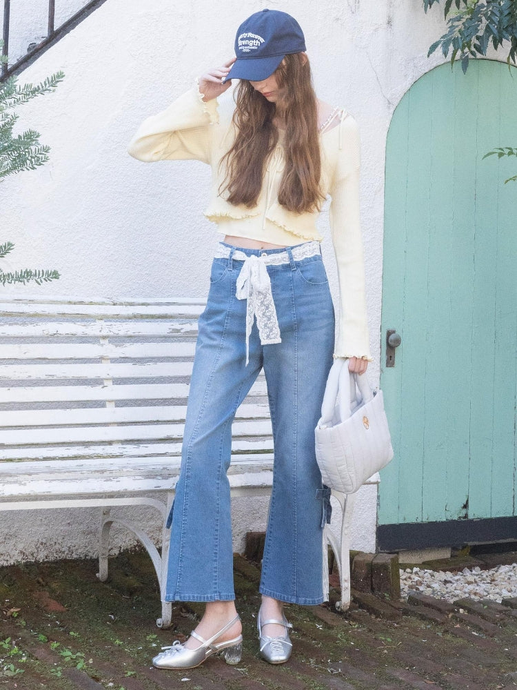 マジェスティックレゴン MAJESTIC LEGON レースベルトセット裾リボンデニム （ブルー） ブルー