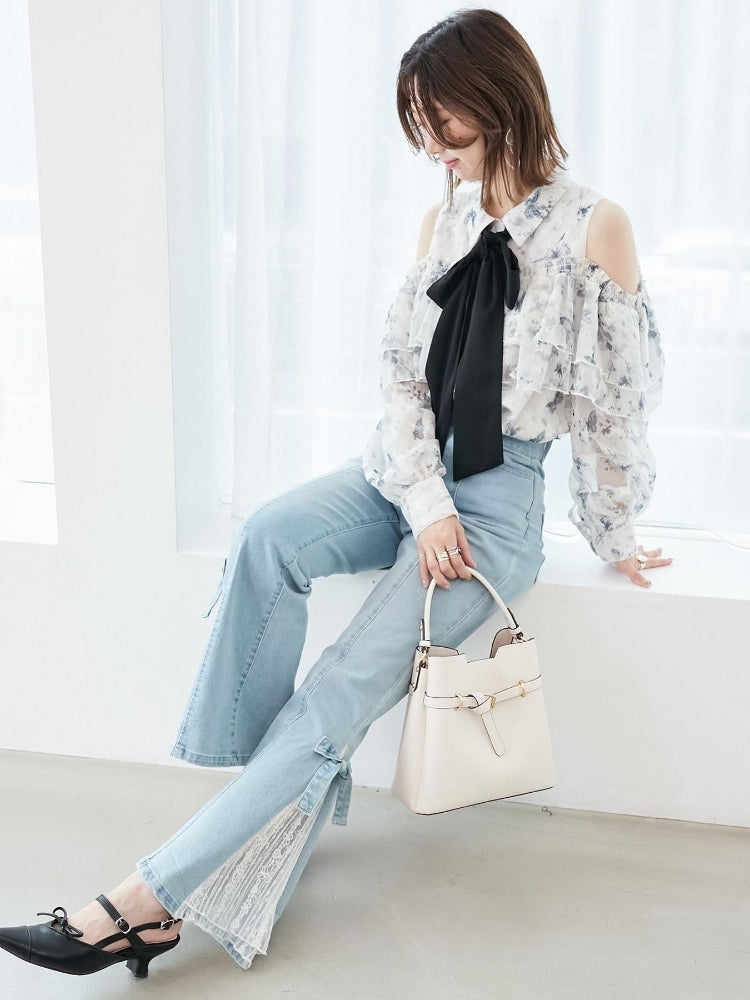 マジェスティックレゴン MAJESTIC LEGON レースベルトセット裾リボンデニム （ブルー） ブルー