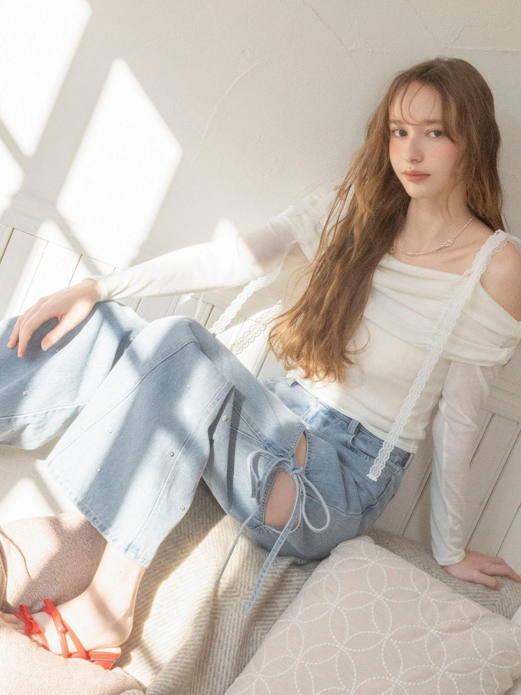 マジェスティックレゴン MAJESTIC LEGON レースリボン2wayオフショルトップス （ホワイト） ホワイト