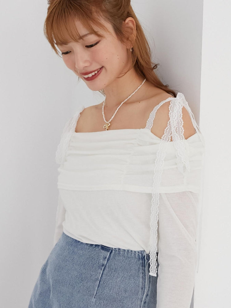 マジェスティックレゴン MAJESTIC LEGON レースリボン2wayオフショルトップス （ホワイト） ホワイト