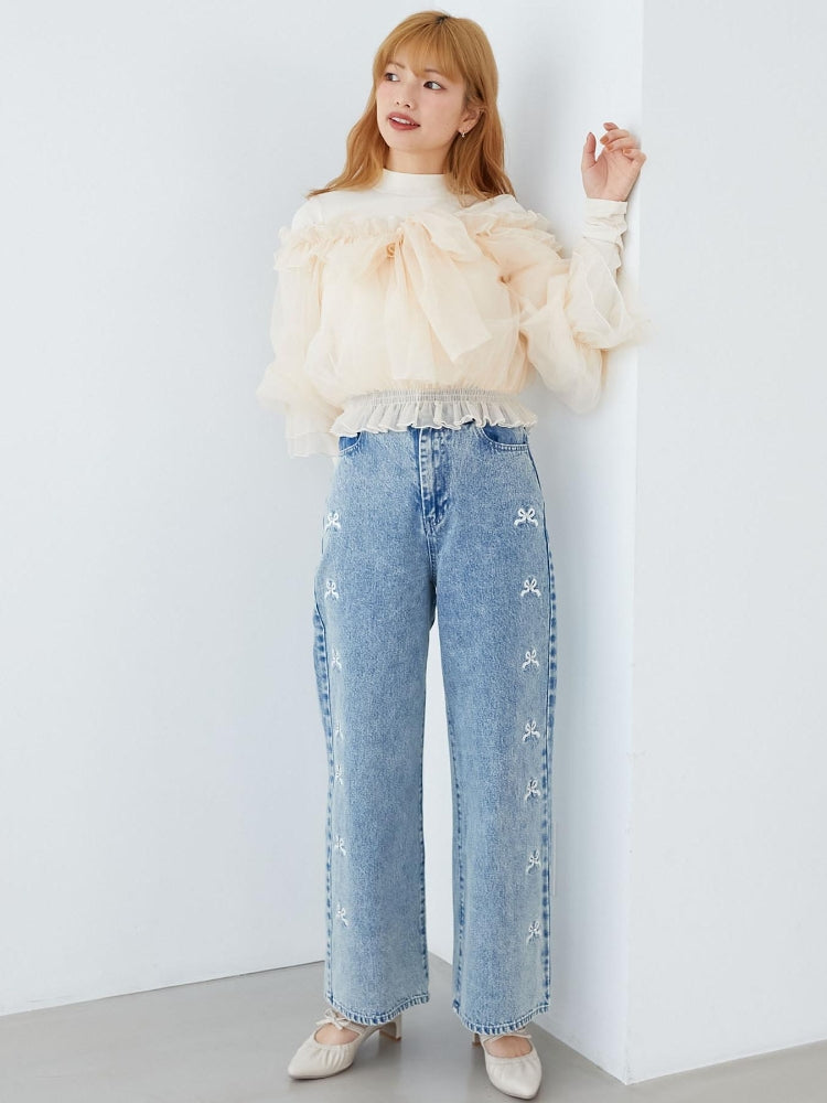 マジェスティックレゴン MAJESTIC LEGON リボンビジューデニムパンツ （ネイビー） ネイビー