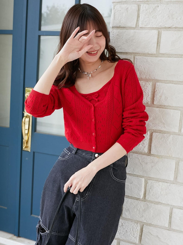 マジェスティックレゴン MAJESTIC LEGON ハート透かし柄キャミセットカーデ （レッド） レッド