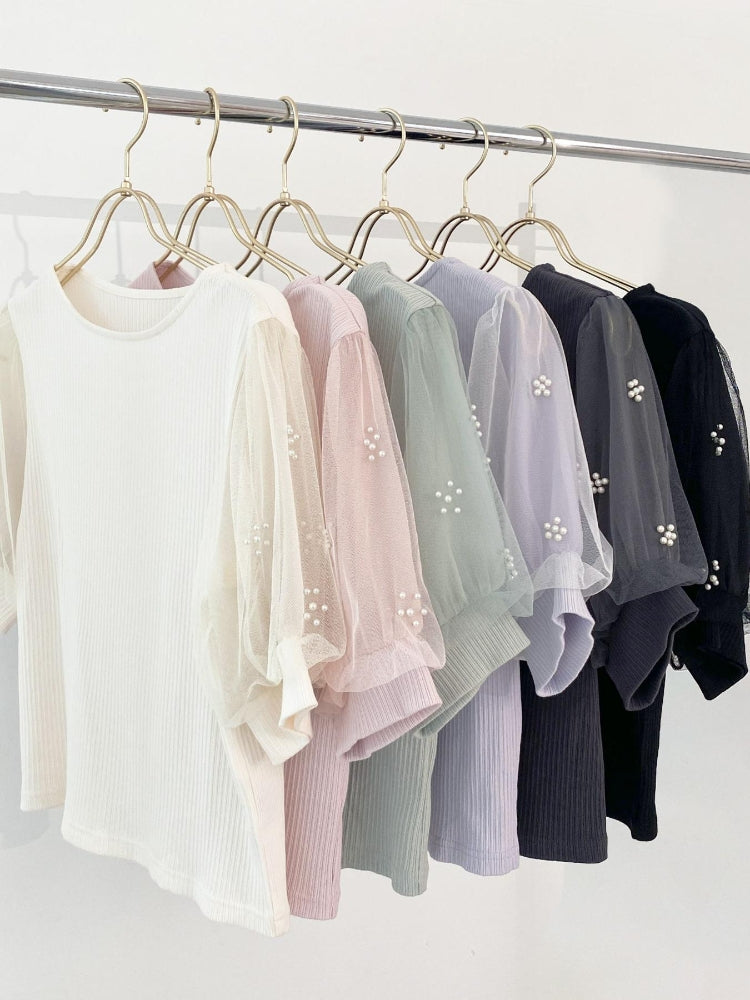 マジェスティックレゴン MAJESTIC LEGON パールチュールスリーブトップス （ホワイト） ホワイト