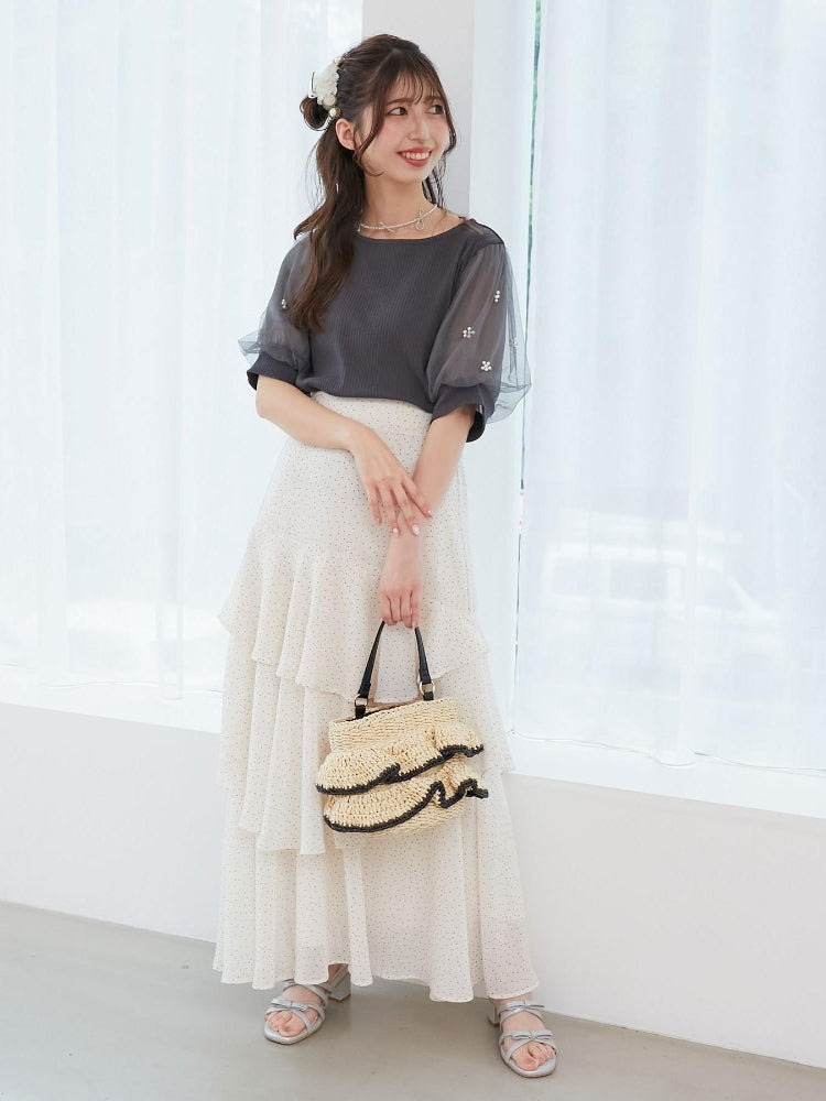 マジェスティックレゴン MAJESTIC LEGON パールチュールスリーブトップス （ホワイト） ホワイト