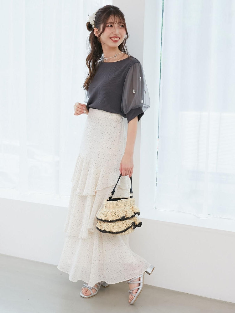 マジェスティックレゴン MAJESTIC LEGON パールチュールスリーブトップス （ホワイト） ホワイト