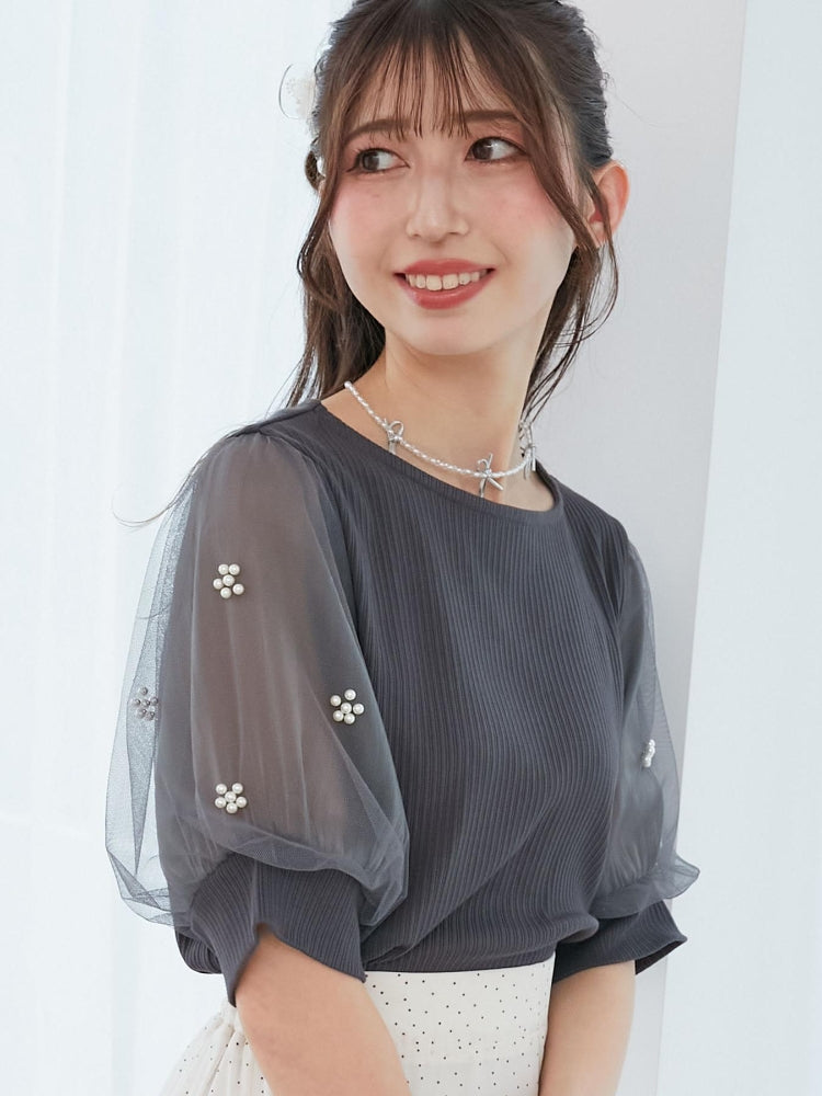 マジェスティックレゴン MAJESTIC LEGON パールチュールスリーブトップス （ホワイト） ホワイト