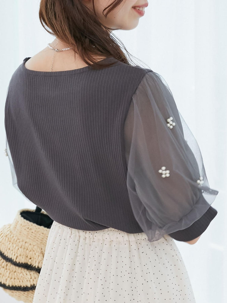 マジェスティックレゴン MAJESTIC LEGON パールチュールスリーブトップス （ホワイト） ホワイト