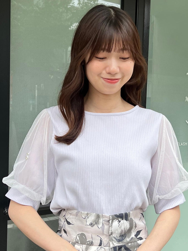 マジェスティックレゴン MAJESTIC LEGON パールチュールスリーブトップス （ホワイト） ホワイト