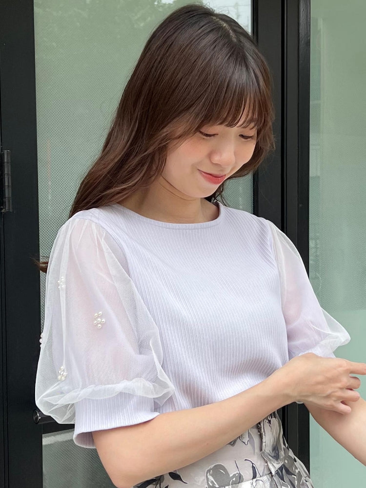 マジェスティックレゴン MAJESTIC LEGON パールチュールスリーブトップス （ホワイト） ホワイト