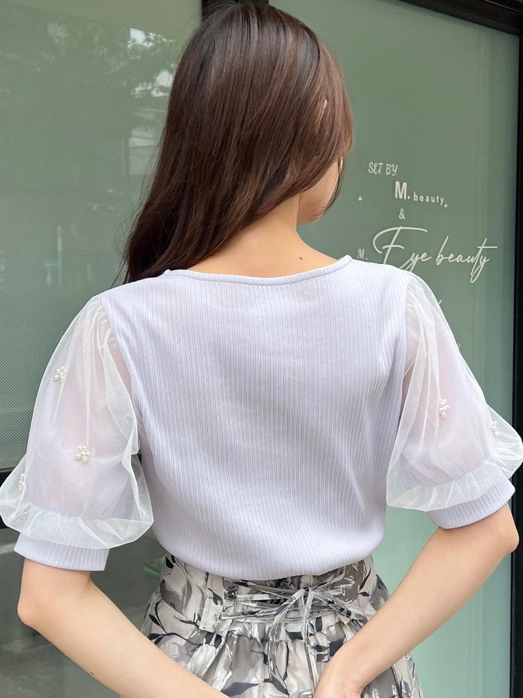 マジェスティックレゴン MAJESTIC LEGON パールチュールスリーブトップス （ホワイト） ホワイト