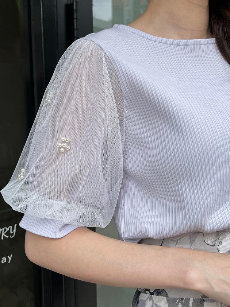 マジェスティックレゴン MAJESTIC LEGON パールチュールスリーブトップス （ホワイト） ホワイト