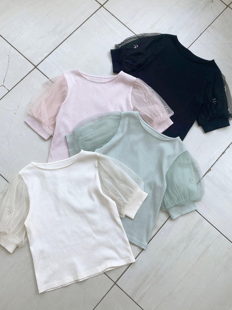 マジェスティックレゴン MAJESTIC LEGON パールチュールスリーブトップス （ホワイト） ホワイト