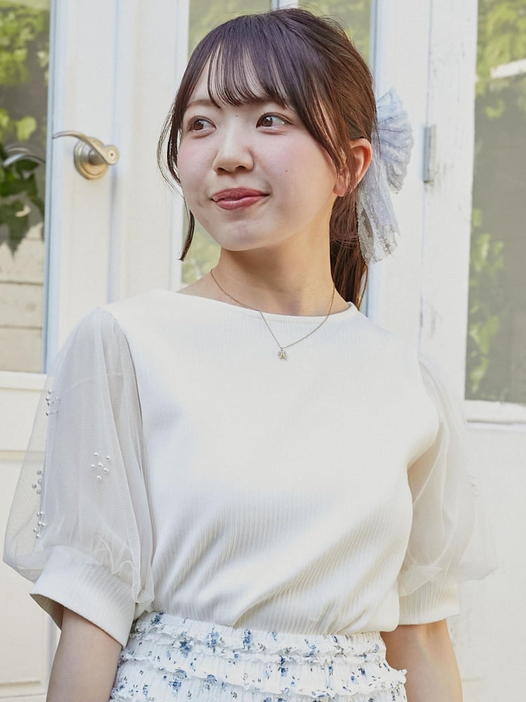 マジェスティックレゴン MAJESTIC LEGON パールチュールスリーブトップス （ホワイト） ホワイト