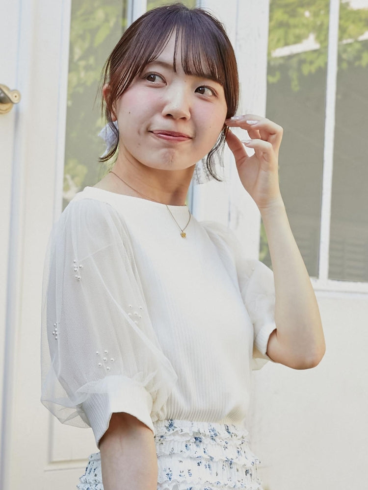 マジェスティックレゴン MAJESTIC LEGON パールチュールスリーブトップス （ホワイト） ホワイト