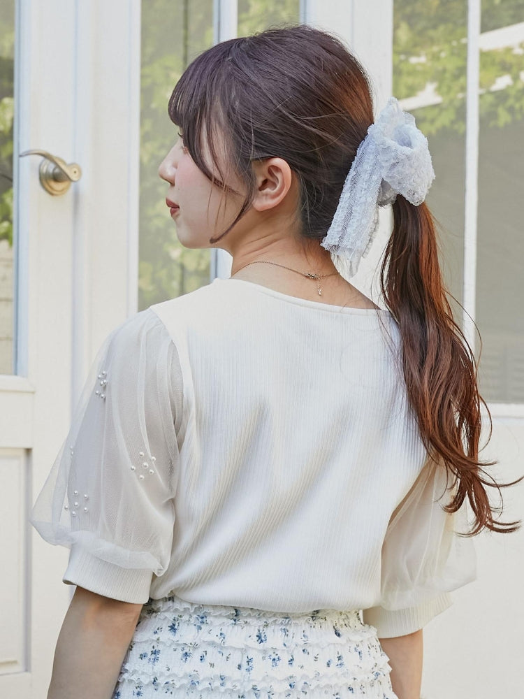 マジェスティックレゴン MAJESTIC LEGON パールチュールスリーブトップス （ホワイト） ホワイト