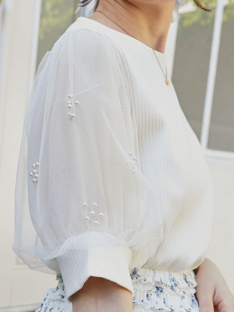 マジェスティックレゴン MAJESTIC LEGON パールチュールスリーブトップス （ホワイト） ホワイト